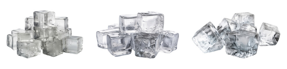 Neatly stacked pile of crystal clear ice cubes collection set, isolated on transparent background