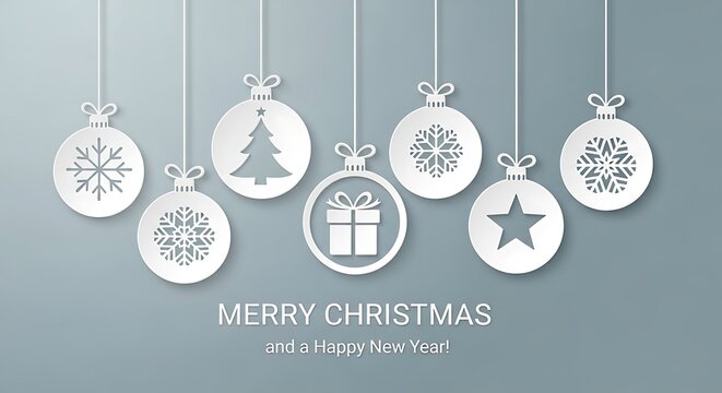 Elegant Christmas ornaments paper cut style with festive icons perfect for holiday greeting cards and seasonal designs