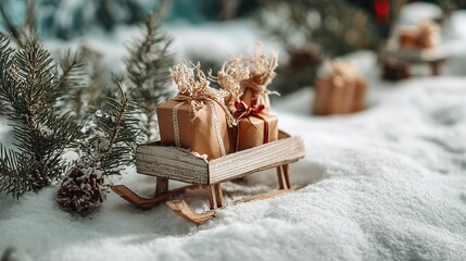 Christmas scene with a small wooden sleigh loaded with three small gift bags, a few pine branches around, and white snow covering the ground.