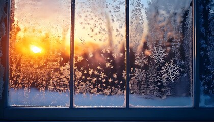 Peaceful winter morning view through a heavily frosted window, with the rising sun casting a warm glow on delicate ice crystals and a serene snowy landscape