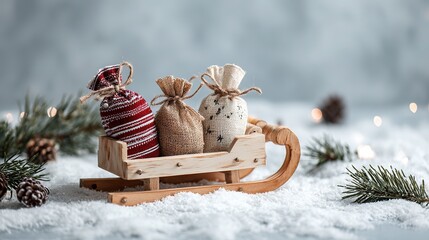 Christmas scene with a small wooden sleigh loaded with three small gift bags, a few pine branches around, and white snow covering the ground.