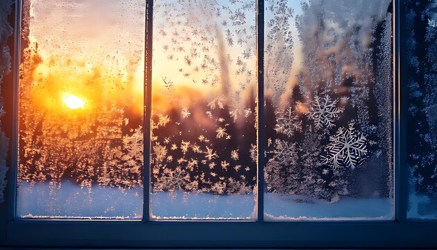 Peaceful winter morning view through a heavily frosted window, with the rising sun casting a warm glow on delicate ice crystals and a serene snowy landscape