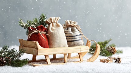 Christmas scene with a small wooden sleigh loaded with three small gift bags, a few pine branches around, and white snow covering the ground.