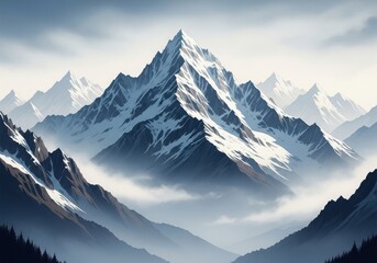 Majestic snowcapped mountain peak piercing through soft clouds in a dramatic, aweinspiring landscape