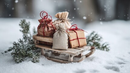 Christmas scene with a small wooden sleigh loaded with three small gift bags, a few pine branches around, and white snow covering the ground.