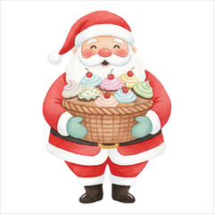 Santa Holding Basket of Cupcakes Watercolor Vector
