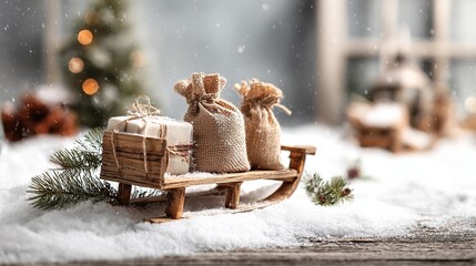 Christmas scene with a small wooden sleigh loaded with three small gift bags, a few pine branches around, and white snow covering the ground.