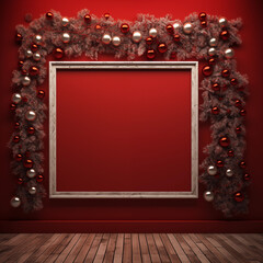 Christmas Gallery Wall Display: Festive Red Background with Empty White and Vintage Frames Decorated with Pine Garland and Ornaments