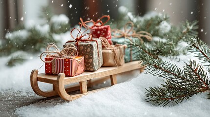 Christmas scene with a small wooden sleigh loaded with three small gift bags, a few pine branches around, and white snow covering the ground.