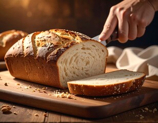 A hand slicing a loaf of artisanal bread on a wooden board