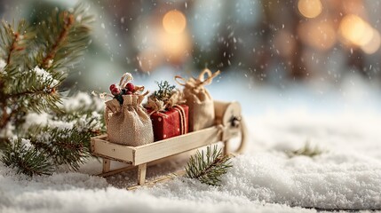 Christmas scene with a small wooden sleigh loaded with three small gift bags, a few pine branches around, and white snow covering the ground.