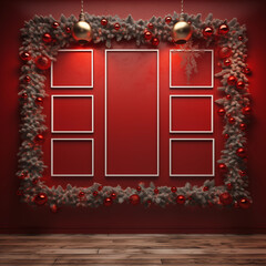 Christmas Gallery Wall Display: Festive Red Background with Empty White and Vintage Frames Decorated with Pine Garland and Ornaments