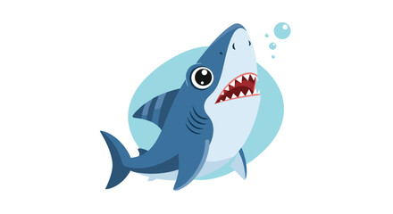 Naklejka premium A friendly and playful cartoon shark with big eyes, an open mouth, and sharp teeth, blowing bubbles against a light blue circular background.