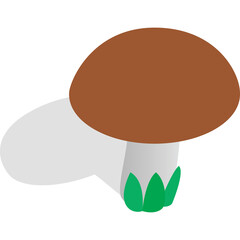 Illustration of a Brown Mushroom with a Black Shadow and Green Leaves on a Transparent Background