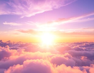 Obraz premium Sunrise over a fluffy cloudscape, bathed in warm purple and gold light