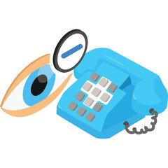 Illustration Of A Blue Rotary Telephone And A Stylized Eye With A Magnifying Glass Overlay Showing A Minus Sign In A Clear Background