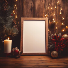 Christmas Gallery Wall Display: Festive Red Background with Empty White and Vintage Frames Decorated with Pine Garland and Ornaments