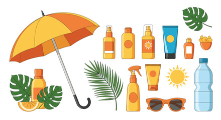 A vibrant collection of summer beach essentials including sun protection products, an umbrella, tropical leaves, and refreshing hydration.