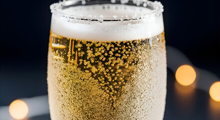 Close up of a champagne flute filled with bubbly golden champagne and a salt rim