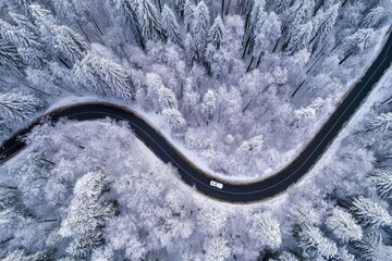 A winding road through a snowy forest, seen from a high angle, showcasing the beauty of winter.