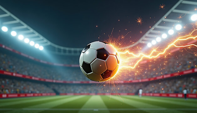 NWSL Playoff Race. Powerful soccer ball with sparks flying, striking the field in an electrifying stadium atmosphere