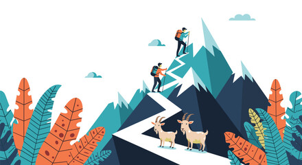 Two hikers with trekking poles are climbing a steep, winding mountain path, accompanied by two mountain goats, through a vibrant natural landscape.