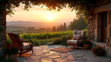 Tranquil Sunset Retreat: A Peaceful Vineyard Vista from a Stone Terrace