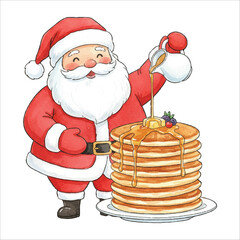 Santa Eating Pancakes with Syrup Watercolor Vector
