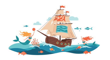 A whimsical illustration of a majestic sailing ship navigating through vibrant ocean waves, accompanied by playful mermaids and colorful marine life.