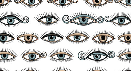 Decorative seamless pattern of mystical and stylized eyes, some with unique swirling eyeliner and diverse iris colors, against a clean white backdrop.