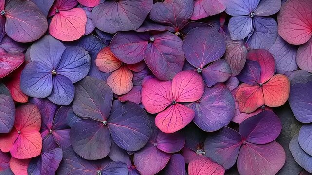 Blooming hydrangea petals display vibrant purple and pink hues.