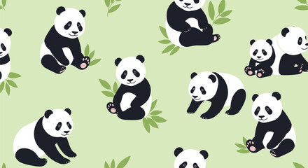 Sweet illustration of various pandas in different poses, accompanied by green leaves, on a soft green background, forming a seamless pattern.