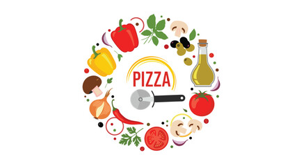 Circular composition of fresh vegetables, herbs, olive oil, and a pizza cutter surrounding the word 'PIZZA' on a white background.