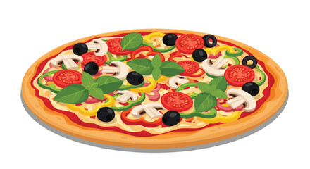 Delicious vegetable pizza with fresh basil, mushrooms, olives, bell peppers, and tomatoes in a vibrant flat design.