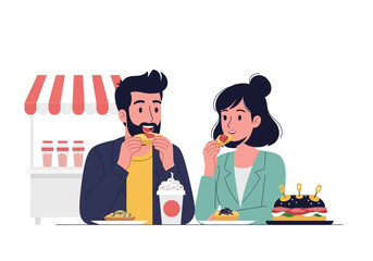 Couple eats at burger stand. Perfect for food blogs, social media posts, restaurant promotions, and advertising campaigns with outdoor dining themes.