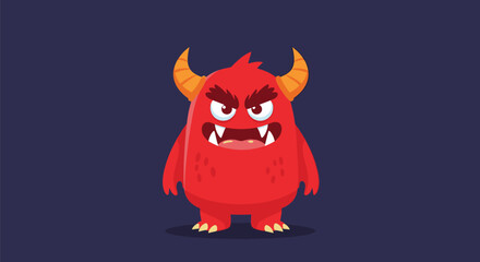 A cute yet angry red monster with horns and sharp teeth stands defiantly against a dark background, ready to cause mischief.