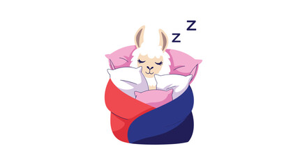 Adorable cartoon llama comfortably tucked in and fast asleep, surrounded by soft pillows, indicating tranquility and relaxation.