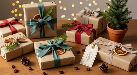 Christmas and zero waste, eco friendly packaging gifts in kraft paper on a wooden table, eco christmas holiday concept, eco decor banner