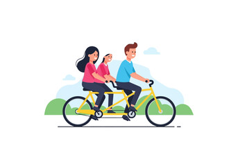 Obraz premium Family tandem bicycle ride outdoors with a simple background, ideal for promoting family activities, outdoor adventures, and healthy lifestyle.