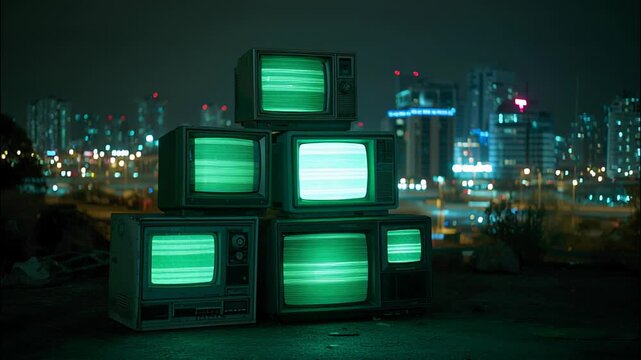 Stack of vintage CRT televisions with glowing green screens in an urban night setting