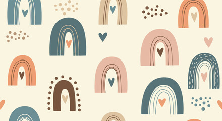 Seamless pattern with cute boho rainbows and hearts on a light background, perfect for nursery decor and textile design.