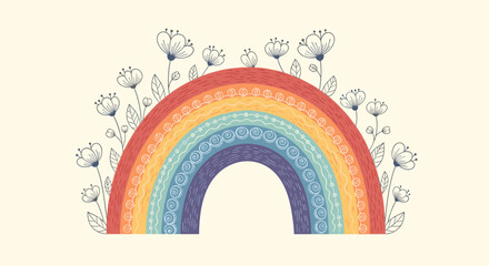 Whimsical hand-drawn rainbow with delicate floral outlines, presenting a cheerful and gentle illustration on a soft background.