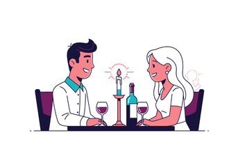 Couple dining with wine, candle flame ambiance, romantic illustration suitable for restaurant menus, date night promotions, and lovethemed designs.