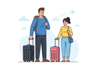 Couple with luggage and a plane, prepped for a journey. Travel blogs, advertisements, vacation brochures, transportation companies.
