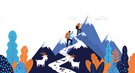 Two hikers ascend a winding mountain path towards a snowy peak, accompanied by mountain goats, with stylized foliage in the foreground.