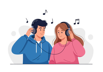 Two people smiling happily, sharing headphones, and listening to music together. Suitable for lifestyle, entertainment, and friendship concepts.