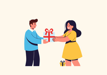 Romantic couple exchange gifts, woman in yellow outfit receives a present from man. Valentines day or anniversary concept. Love expression.