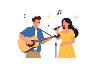 Joyful music duo performing on stage with a man playing guitar and a woman singing. Suitable for musicthemed designs.