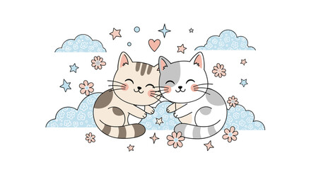 Cute cartoon cats sit together on fluffy blue clouds, surrounded by whimsical stars and gentle pink flowers, depicting a sweet, loving bond.