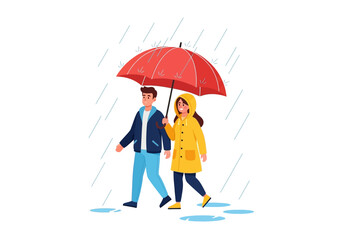 Romantic couple under red umbrella strolling in the rain, expressing togetherness, love, and companionship, ideal for illustrating romance themes.